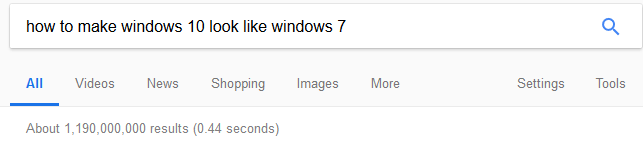 Google search depiction showing that 1.190 billion results display for How to make Windows 10 look like Windows 7