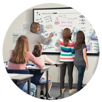 teacher leading classroom presentation with interactive board
