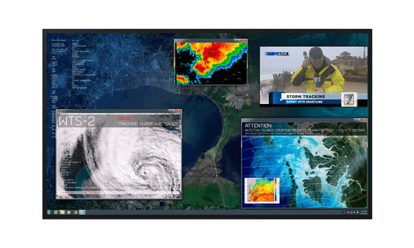 Large-format displays showing weather updates