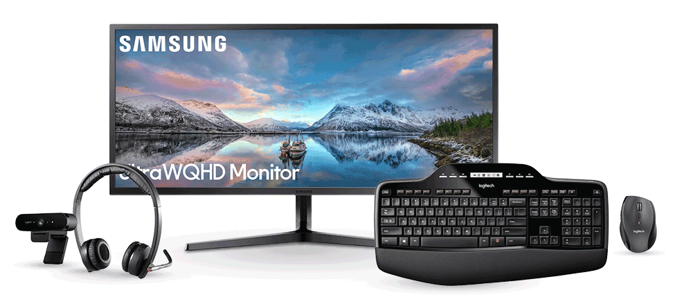 Best bundle displaying Samsung Monitor, Logitech Keyboard, Hyper Headset and Druva web camera