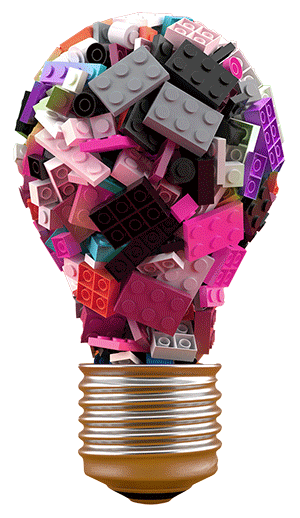 Concept image of a lightbulb filled with Lego blocks