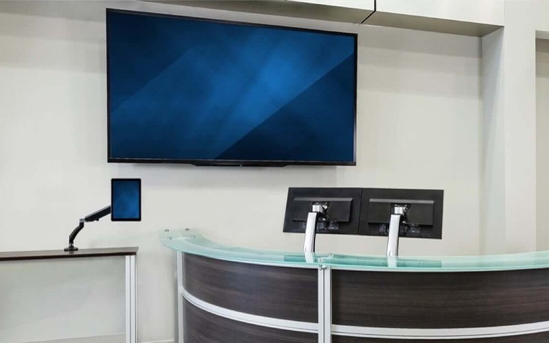 Office reception with mounted displays