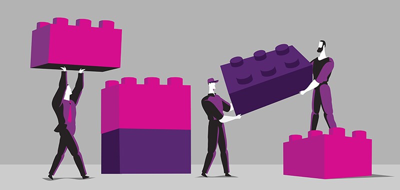 Illustration of business professionals building Lego stack