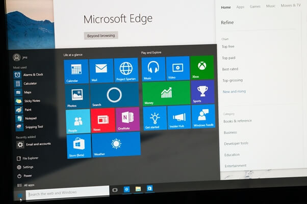 Desktop view of Windows 10 start screen