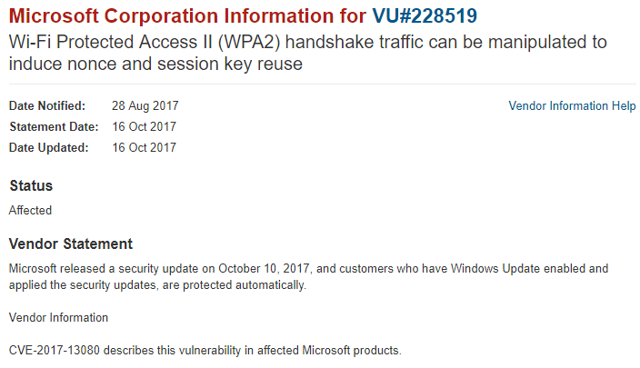 A document showing the Microsoft Corporation information for VU #228519
