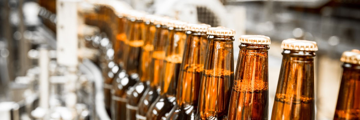 Close up of bottles in a distribution center