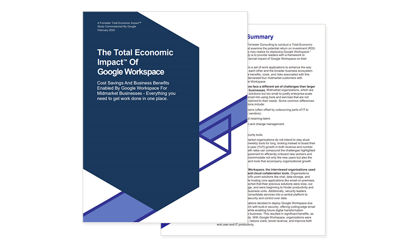 Cover of report available to access by filling out the form on page. The Total Economic Impact of Google Workspace