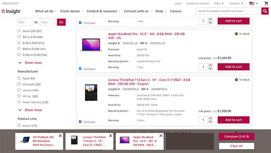 Compare select view found at bottom of Insight's product search pages