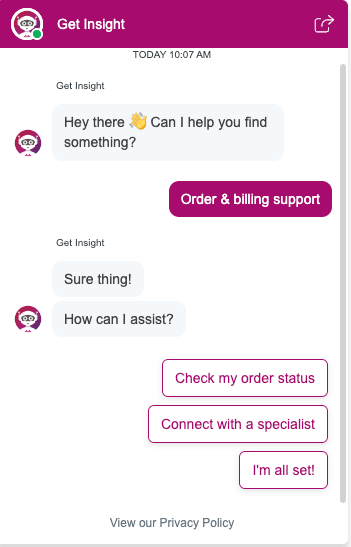 Display of order and billing support in Insight's Virtual Assistant Chat Agent. 