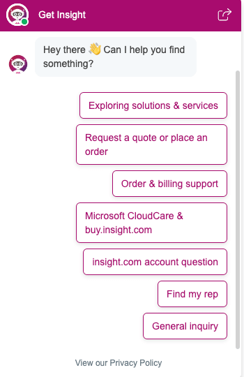 Screen shot of Virtual Assistant in chat agent application on Insight.com