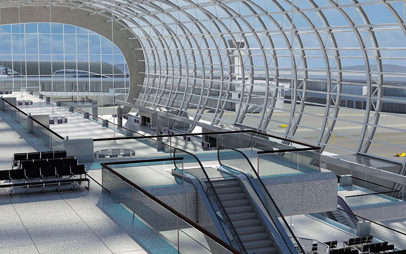 Rendering of airport terminal with glass windows, seating and escalator