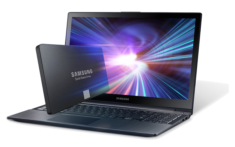 Samsung solid state drive in front of Samsung laptop