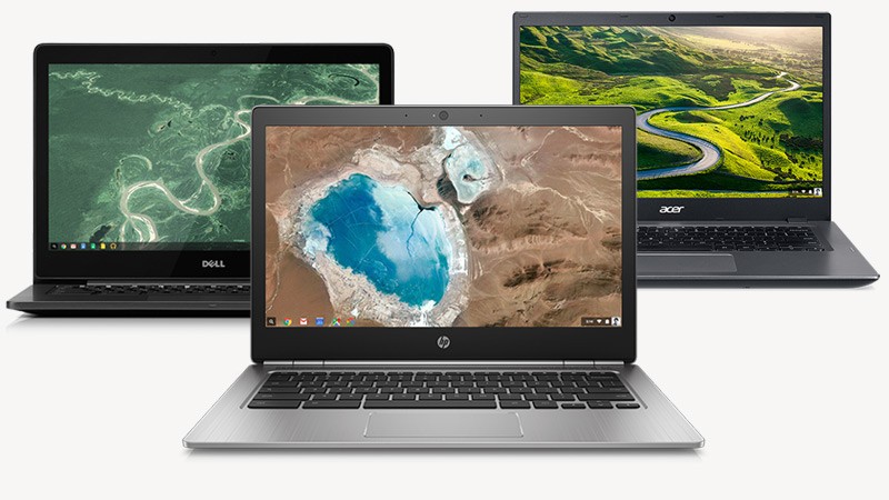 View of an HP, ASUS and Dell Chromebook computer